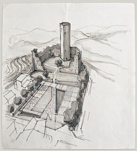 Schizzo di progetto di Piazza della Vittoria, con la torre della Rocca