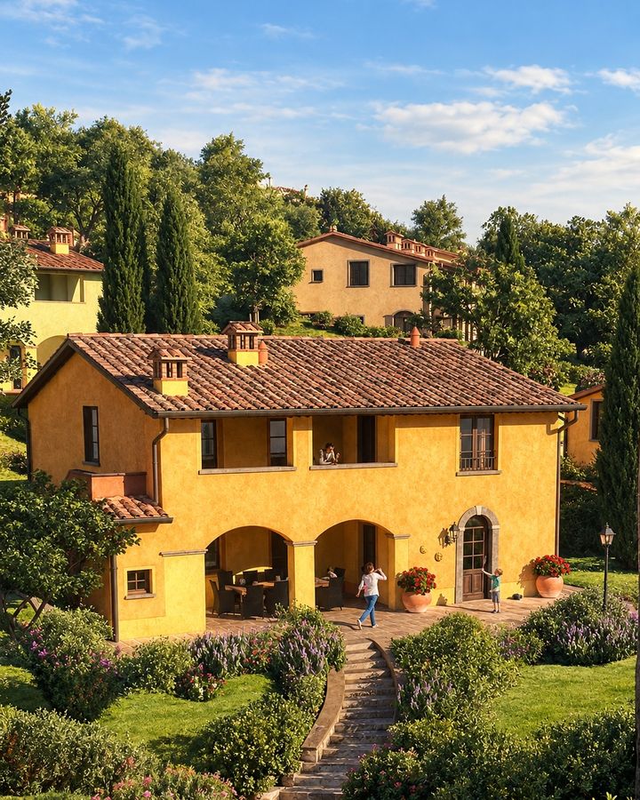 Immagine di progetto del Parco delle Rocchine: una villa a due piani con loggia ad archi, tetto in coppi e giardino, fra cipressi e altre case sulla collina