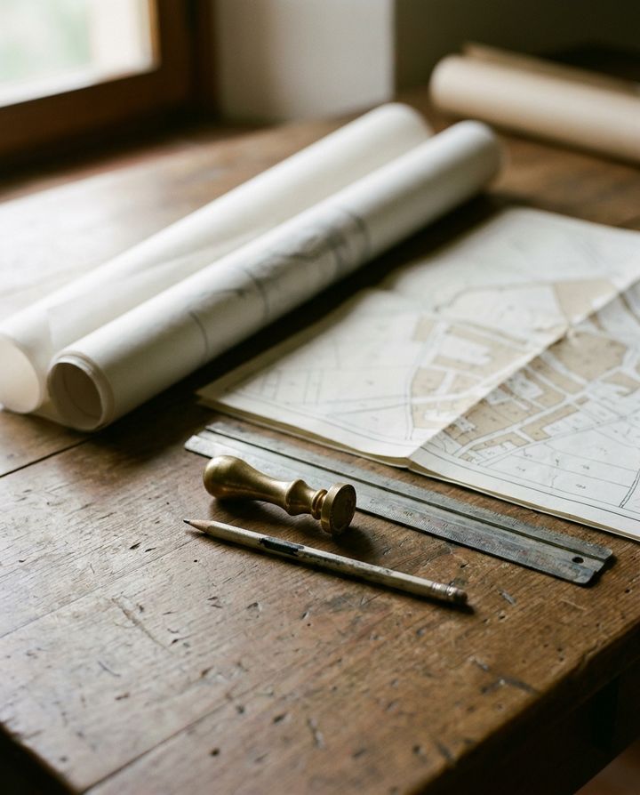Immagine illustrativa: rotoli di carta da lucido, una mappa catastale e un timbro su una scrivania di legno