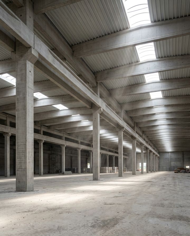 Immagine illustrativa: l'interno di un grande capannone in costruzione, pilastri e travi prefabbricati in calcestruzzo, lucernari sul tetto