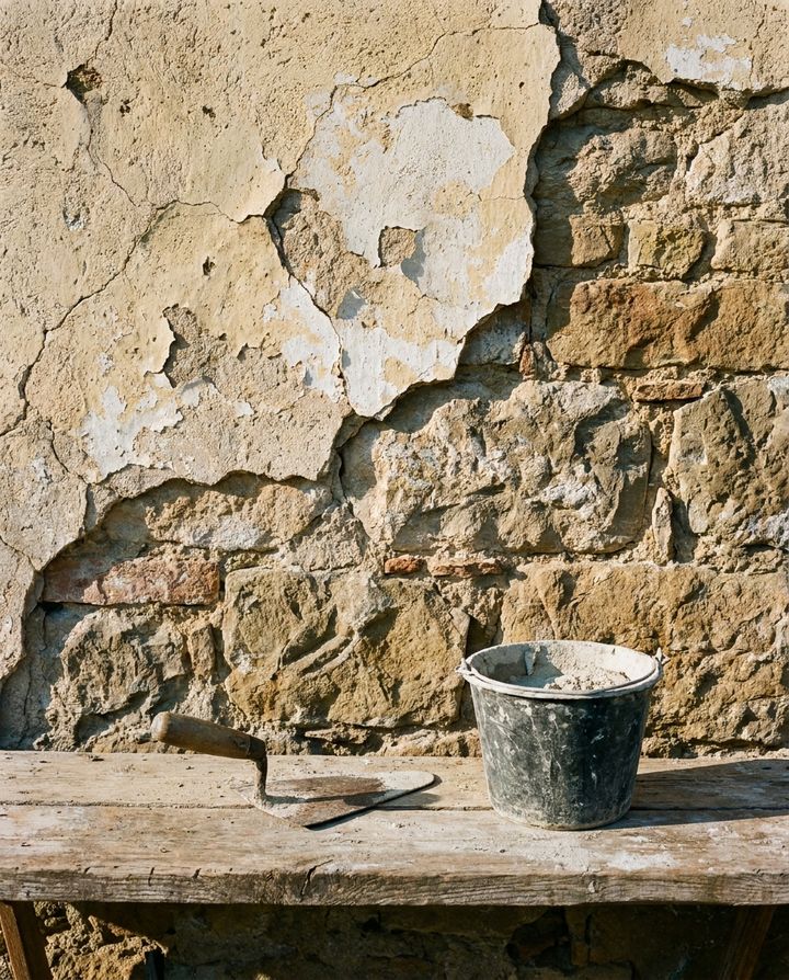 Immagine illustrativa: un muro in pietra con l'intonaco a calce scrostato, una cazzuola e un secchio di malta su un asse